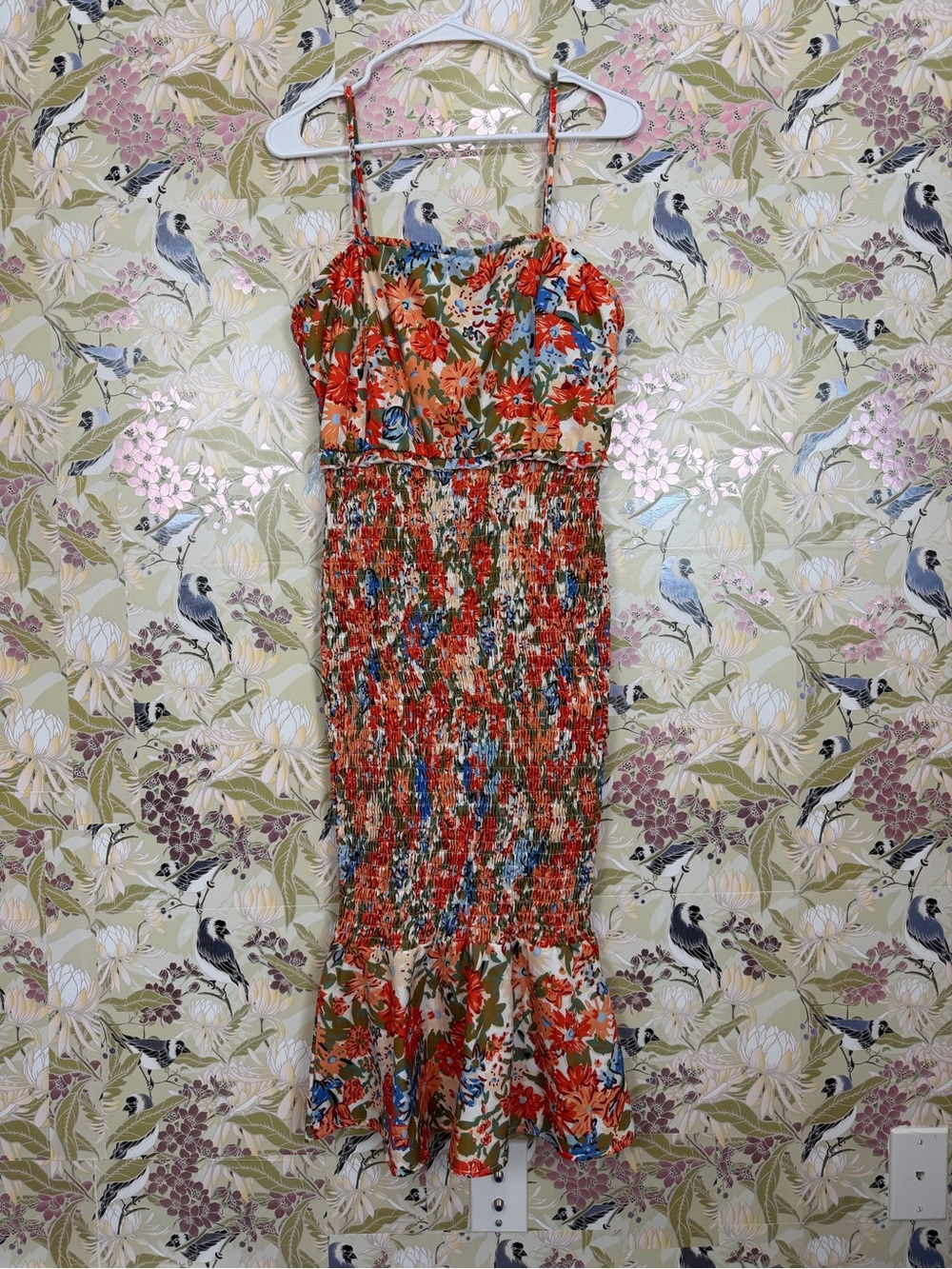 SHEIN Red Green Blue Floral Smocked Midi Dress with Ruffle Hem